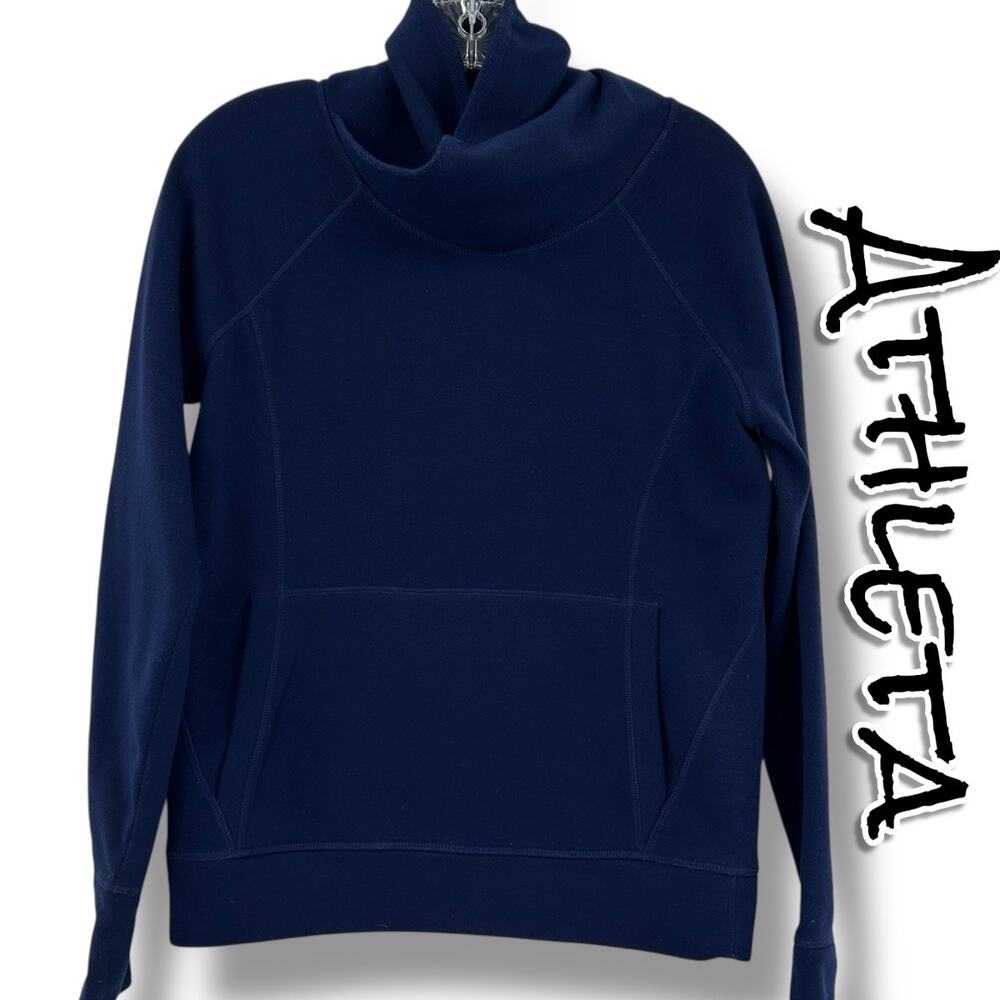 Athleta Hurdle Wrap Neck Pullover Navy Blue Kangaroo Pocket Wool Blend Womens S